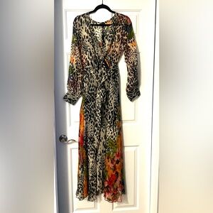 Elegant Long Sleeve Sheer Leopard and Floral Dress